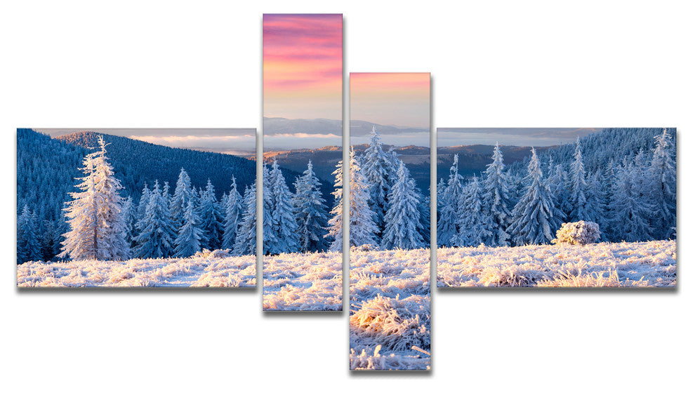 Amazing Winter Sunrise in Mountains, Landscape Canvas Print, 60"x32", 4 panels