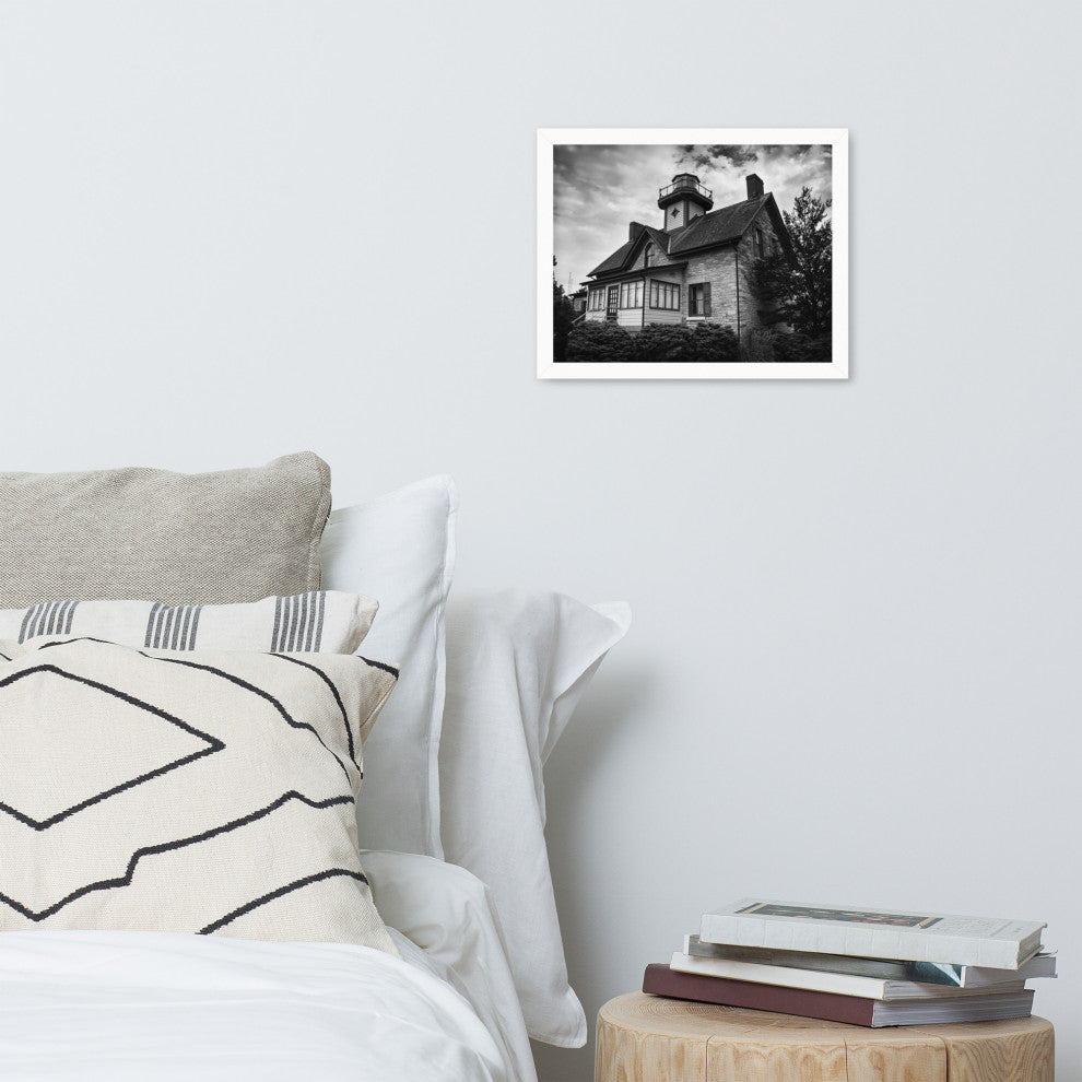 Cedar Point Lighthouse in Black and White Framed Photo Paper Wall Art Prints, White, 11" X 14"
