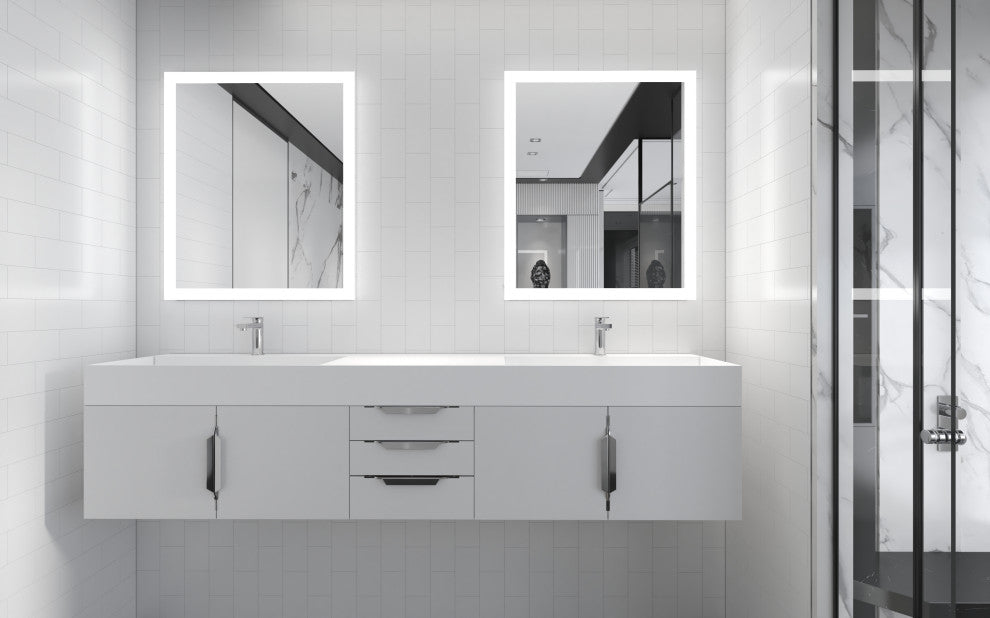 CastelloUSA Amazon 84" Wall Mounted Bathroom Vanity Set, White, White Top, Chrome Handles