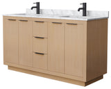 Maroni 60" Light Straw Double Vanity, White Carrara Marble Top, Black Trim