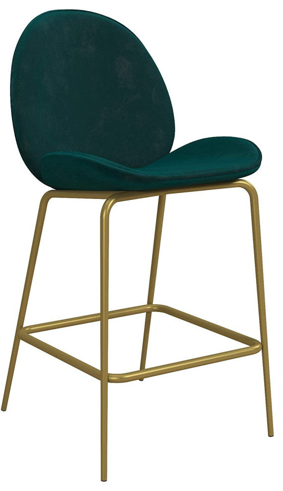 Upholstered Green Velvet Counter Stool with Brass Metal Leg