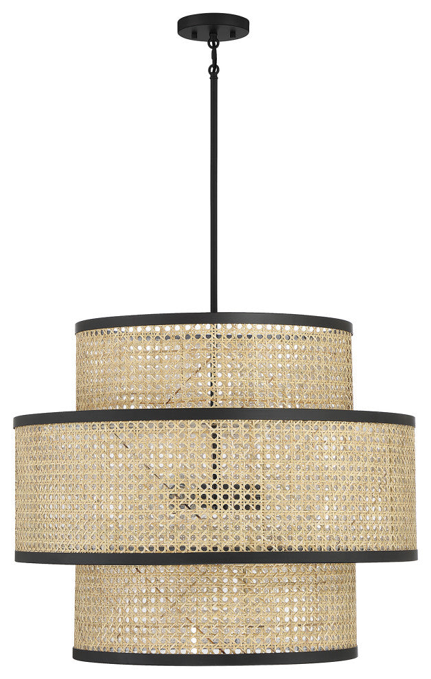 3-Light Pendant, Natural Cane With Matte Black