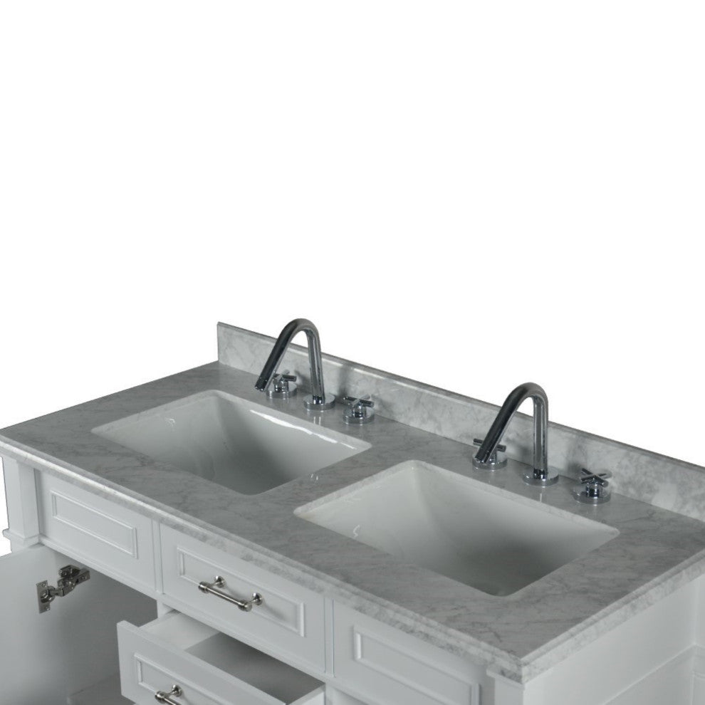 48" Double Vanity, White With White Carrara Marble Top