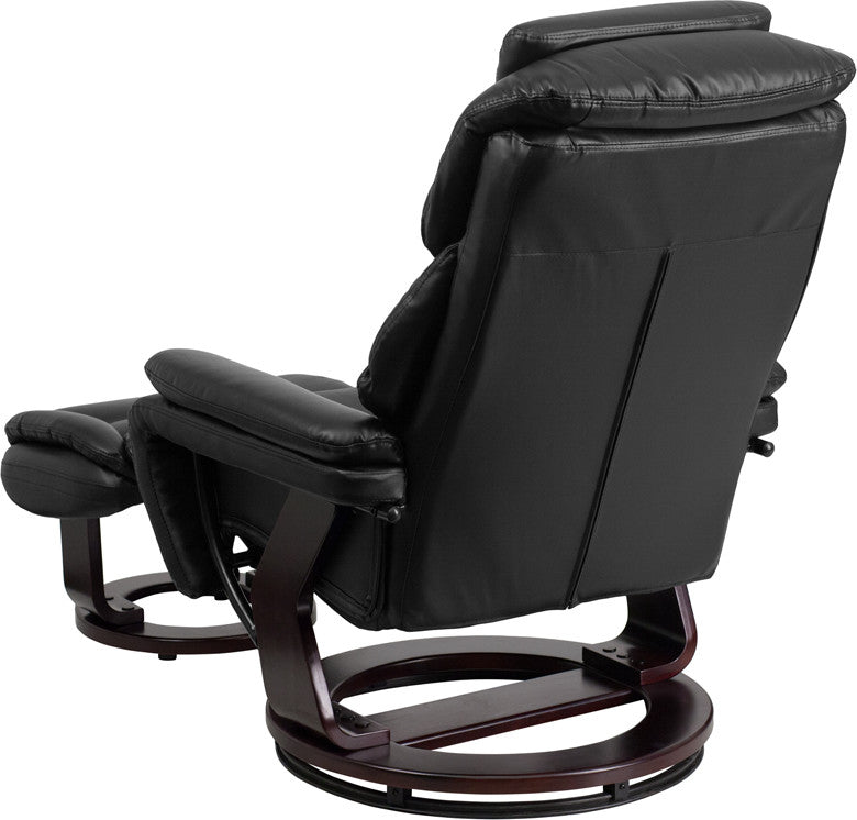 Leather Recliner and Ottoman, Mahogany Wood Base, Black Leather