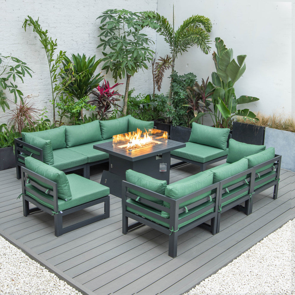 LeisureMod Chelsea 9-Piece Patio Sectional With Fire Pit Table, Green