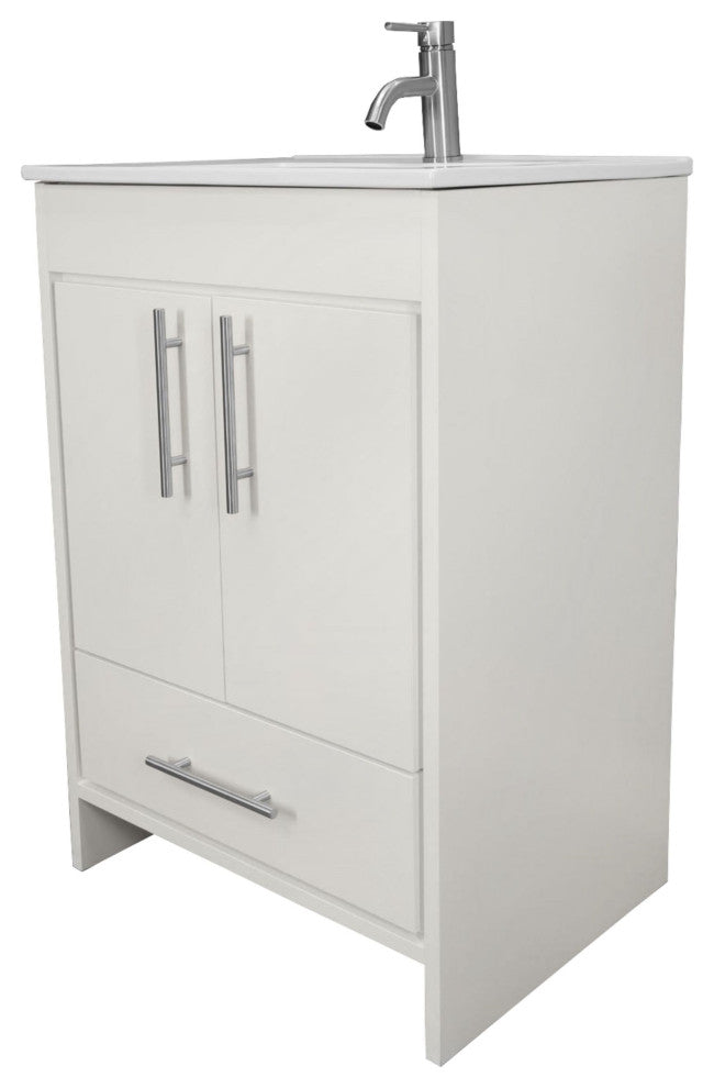 Pacific 24 Bathroom Vanity With Ceramic Top and Brushed Nickel Handles, White