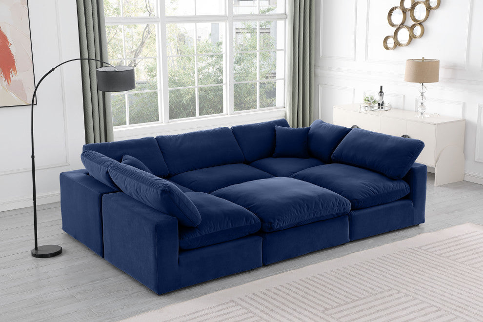 Comfy Upholstered U-Shaped Modular Sectional, Navy, 6-Piece: 3 Armless Chair, 2 Corner Chair, 1 Ottoman, Velvet