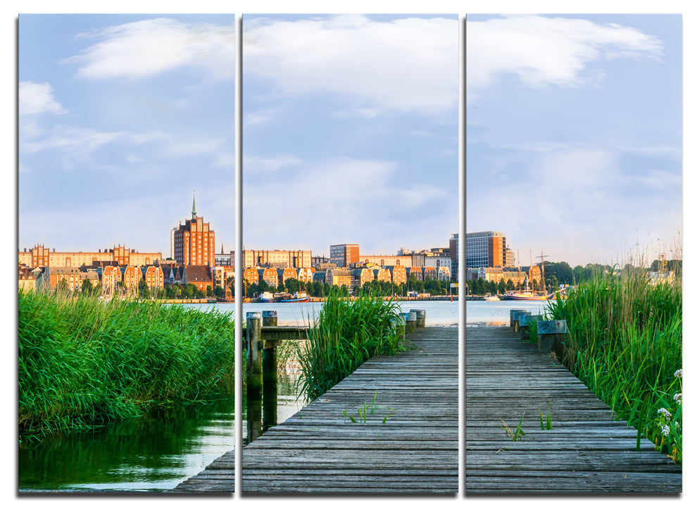 "Wooden Bridge to River Warnow" Art Print Canvas, 3 Panels, 36"x28"