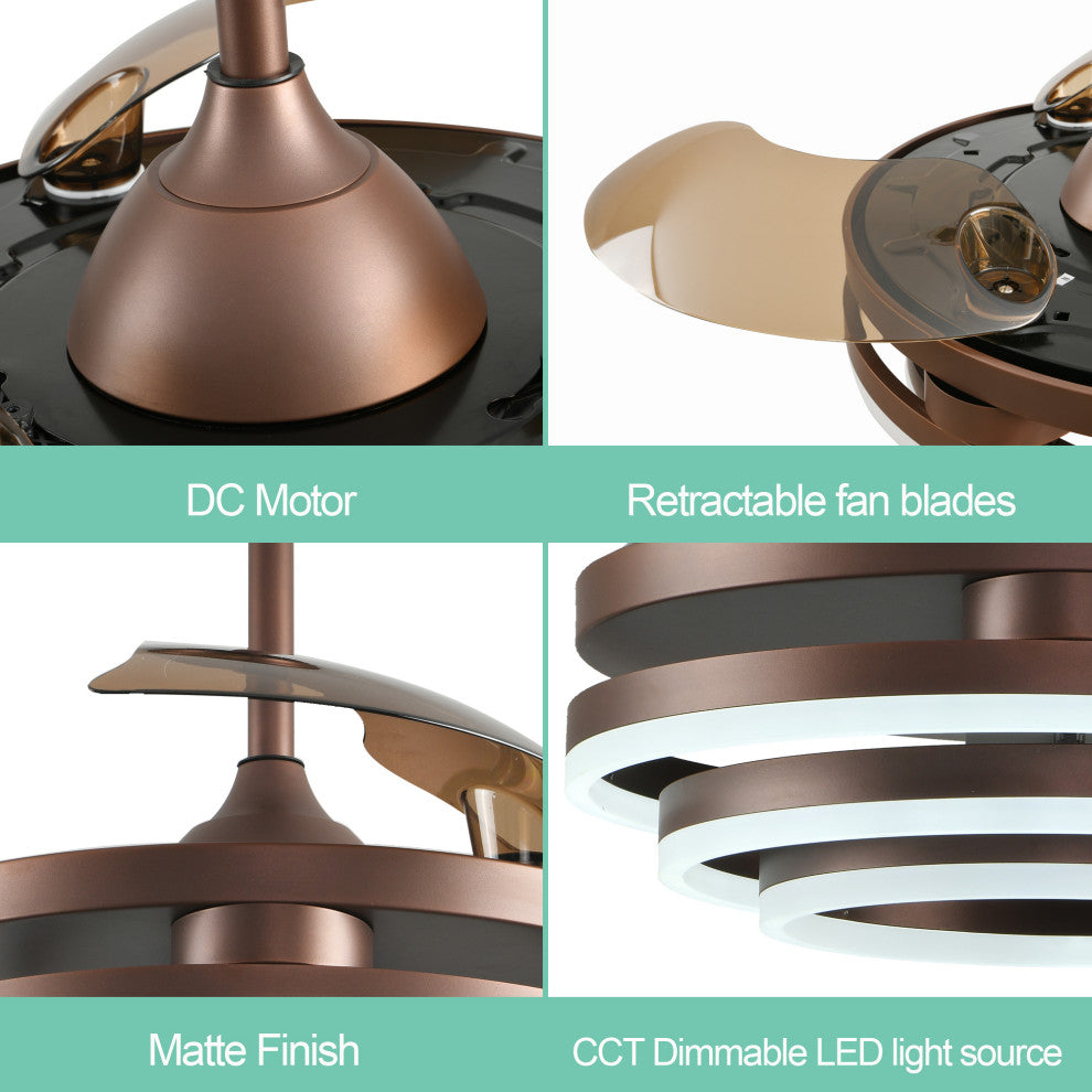 Oaks Aura 42" DIY Shape Retractable Ceiling Fan with Lights and Remote Control, Brown
