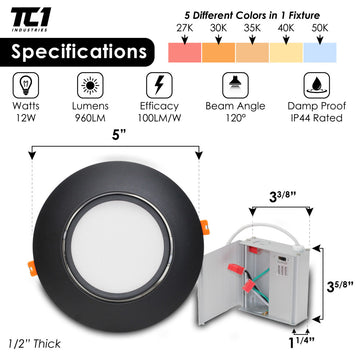 6" Canless Adjustable Lighting Downlight | Ultra Thin | 5CCT Switch, Black, 6"