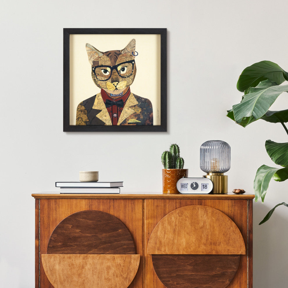 Funky Cat Dimensional Handmade Collage Wall Art Framed Under Glass