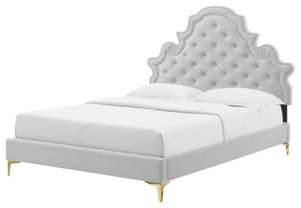 Tufted Platform Bed Frame, Queen Size, Velvet, Gray, Modern Contemporary