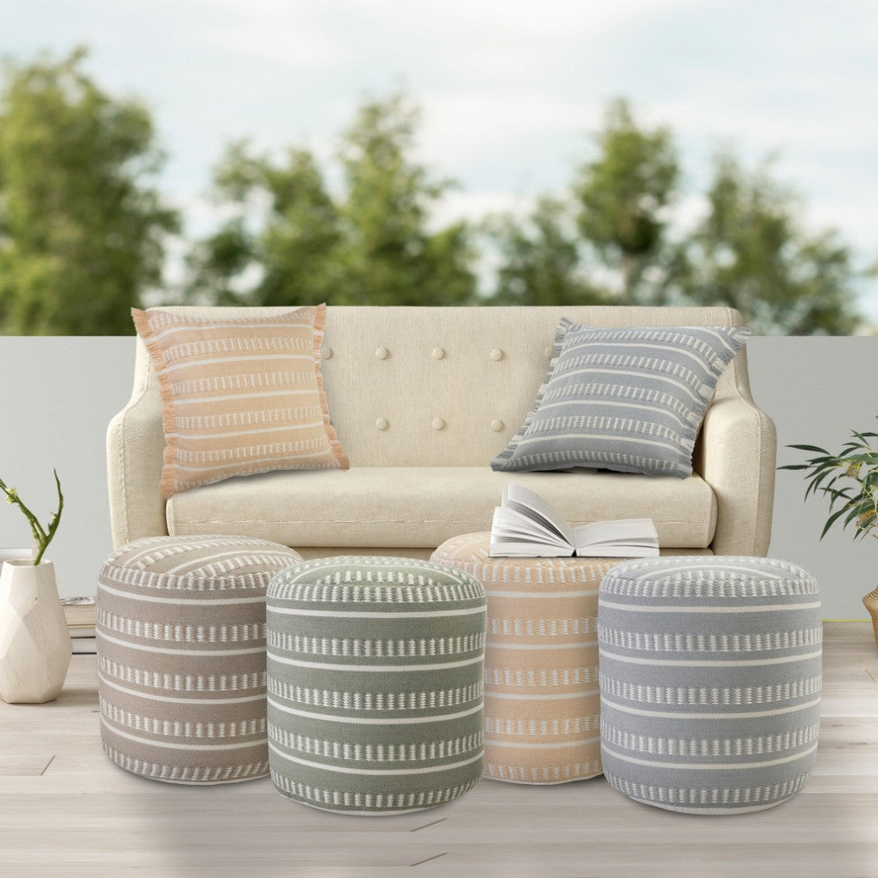 Dash and Stripe Geometric Indoor Outdoor Pouf, Peach/White