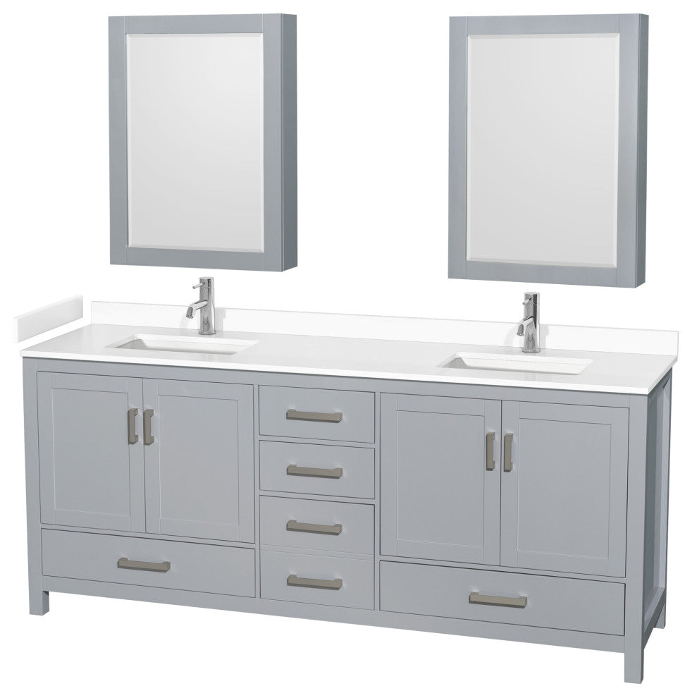80"DBL Bathroom Vanity Gray, White Cult. Marble Countertop, Sinks, Med. Cabinets