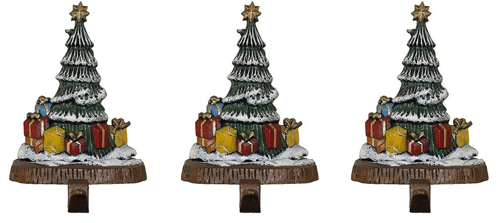 Cast Iron Decorative Trees With Presents Christmas Stocking Holder, Set of 3