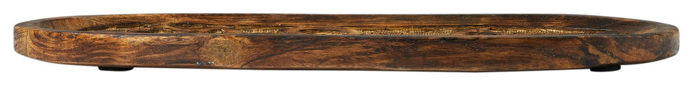 Boho Decorative Wood Tray with Carved Floral Design, Natural