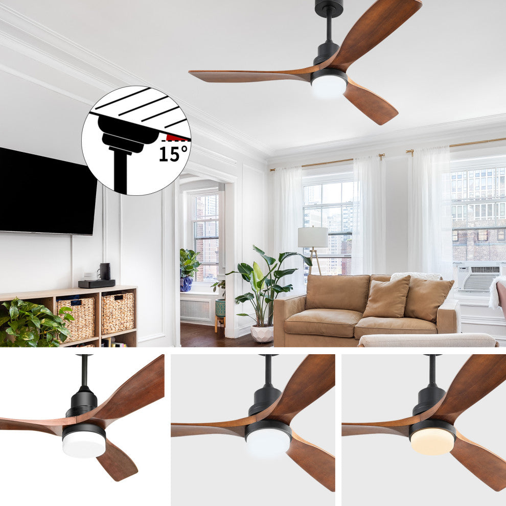 52" Solid Wood Ceiling Fan andRemote Control Reversible Blades, Matte Blck