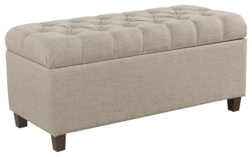 Fabric Upholstered Button Tufted Wooden Bench With Hinged Storage, Beige & Brown