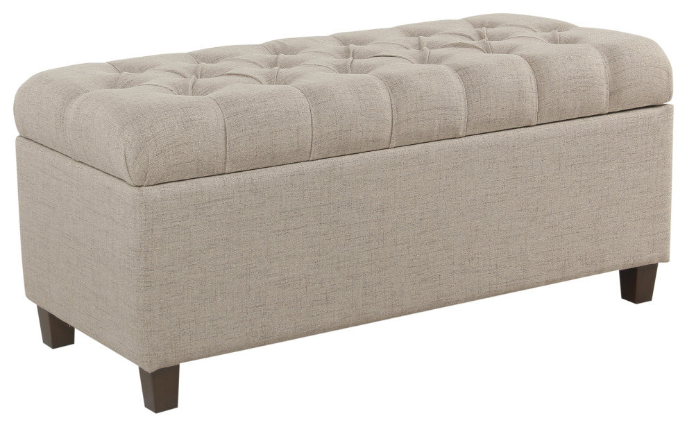 Fabric Upholstered Button Tufted Wooden Bench With Hinged Storage, Beige & Brown