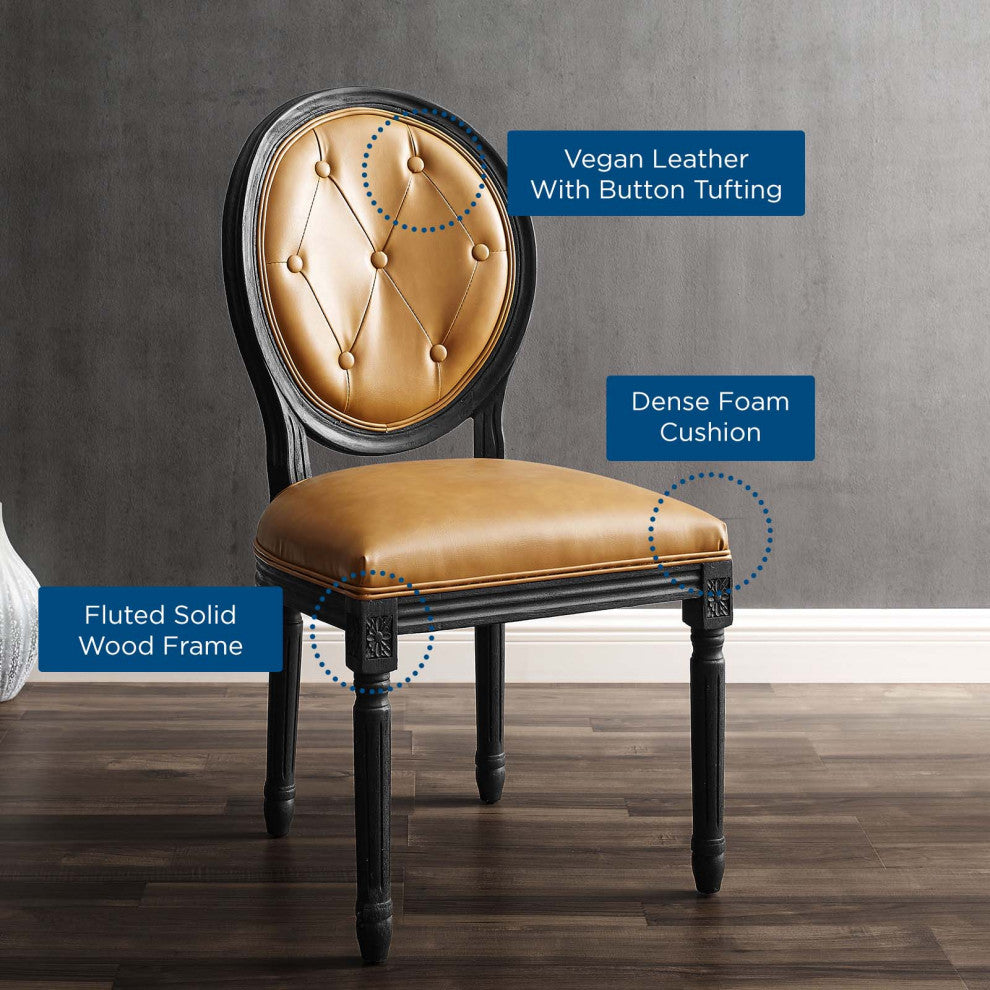 French Vintage Side Dining Chair, Faux Vegan Leather, Wood, Black Tan, Modern
