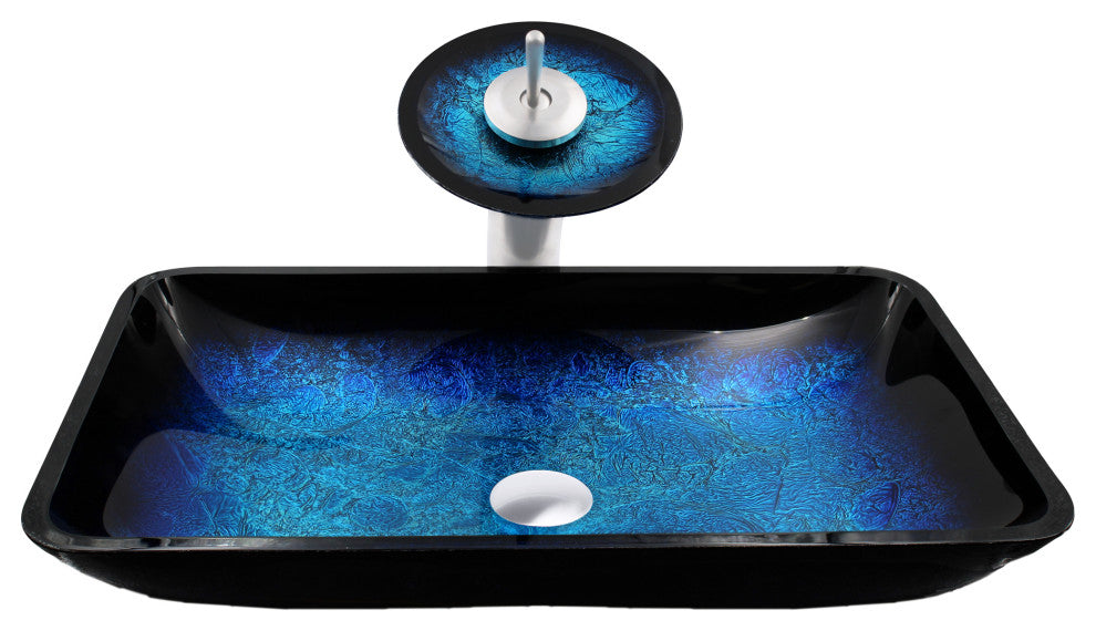 The Fresca Rectangle Shallow Blue Foiled Glass Bath Sink Combo Faucet Drain, Brushed Nickel