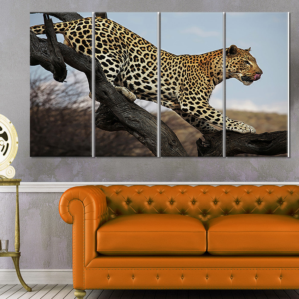 Leopard Walking on Tree, African Canvas Art Print, 48"x28", 4 Panels