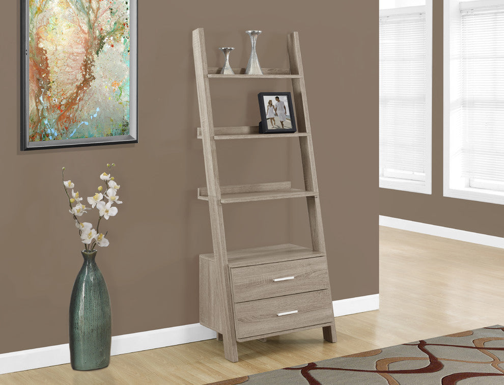 Bookcase, 69" Dark Taupe Ladder With 2 Storage Drawers