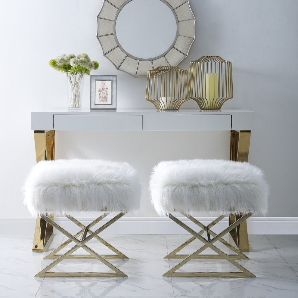 Oria Faux Fur X-Leg Gold Base Ottoman, White/Gold