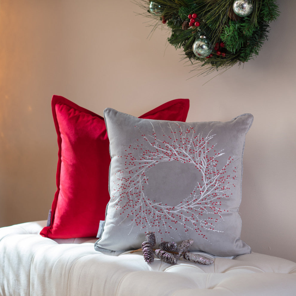 Indoor Velvet Christmas Wreath Gray 17" Throw Pillow