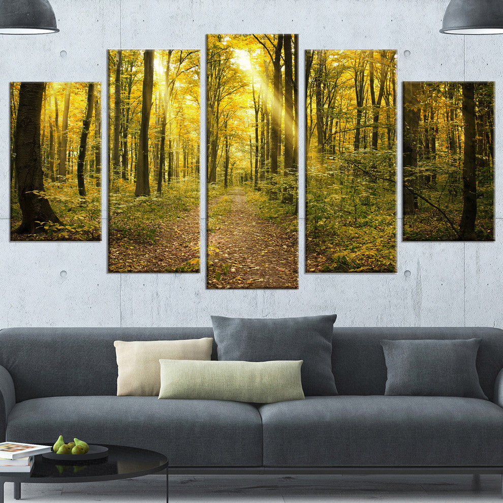 Sunset in Green Autumn Forest, Modern Forest Canvas Art, 60"x32", 5 Panels