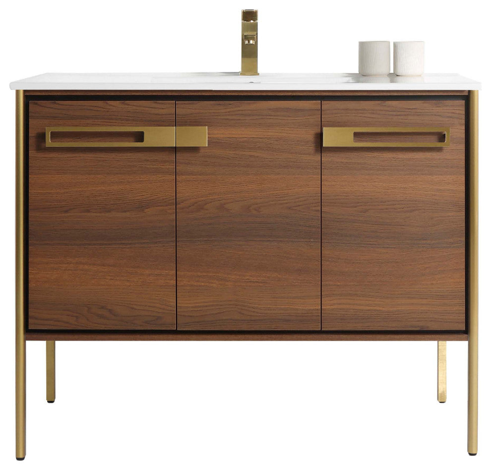 Oakville Bath Vanity, Ceramic Sink, Walnut Ebony, 42 Inch, Satin Brass Hardware