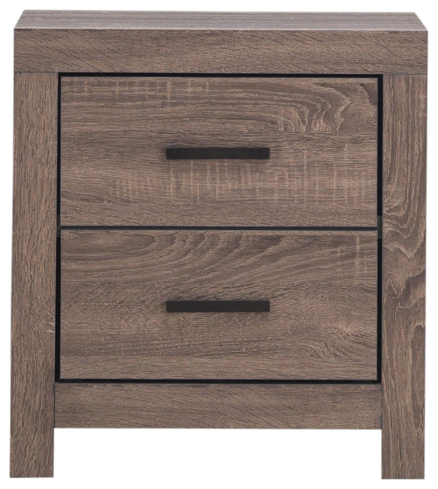 Transitional Nightstand, 2 Storage Drawers With Dark Bronze Pulls, Barrel Oak
