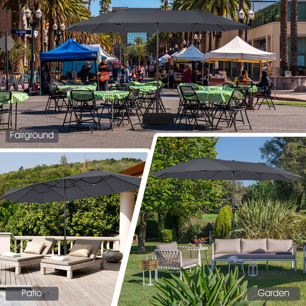 15FT Double-Sided Twin Patio Umbrella Sun Shade Outdoor Crank Market Base Grey