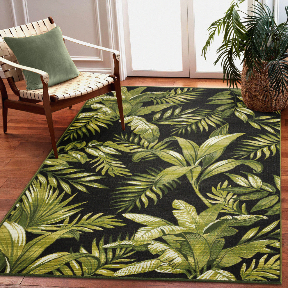 Marina Jungle Leaves Indoor/Outdoor Rug, Black, 8'10"x11'9"