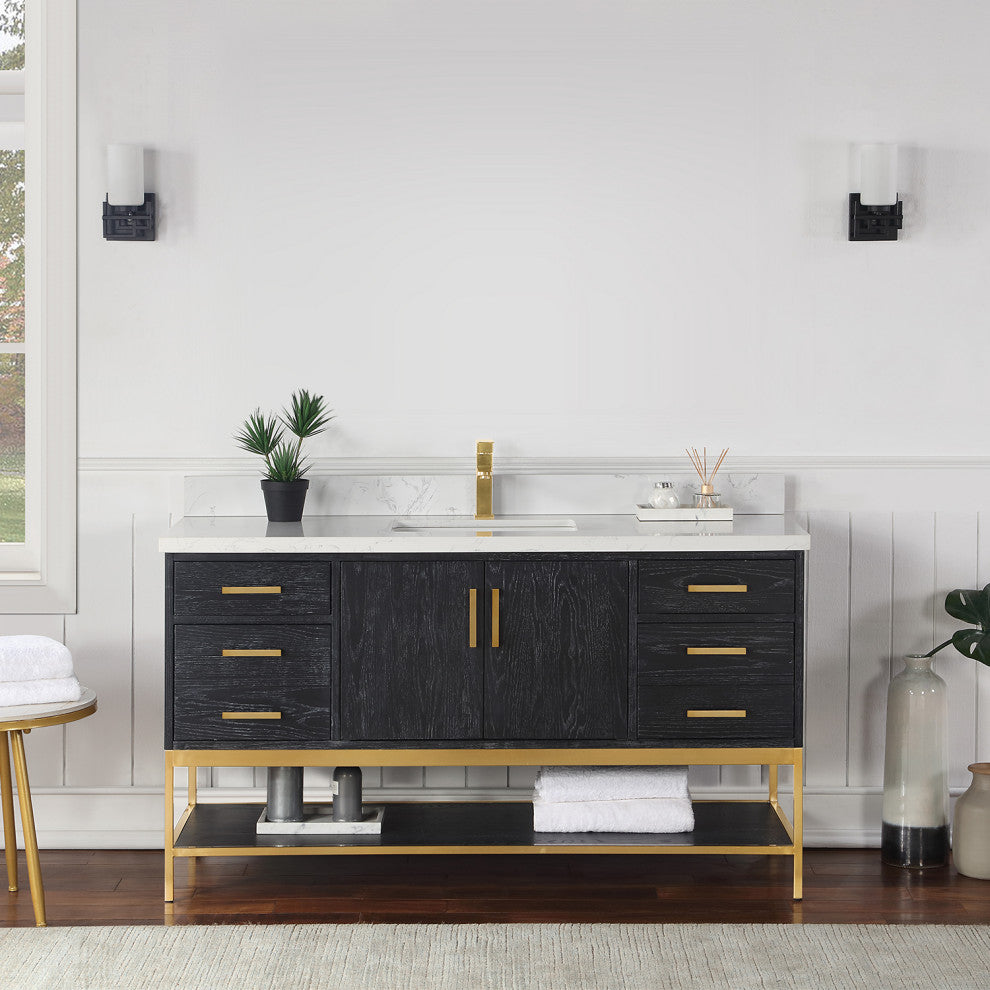 Wildy Black Oak Bathroom Vanity Set, 60s", Without Mirror