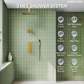 Dual Heads Shower System 16" Rain Shower Head with 4 Way Thermostatic Faucet, Brushed Gold