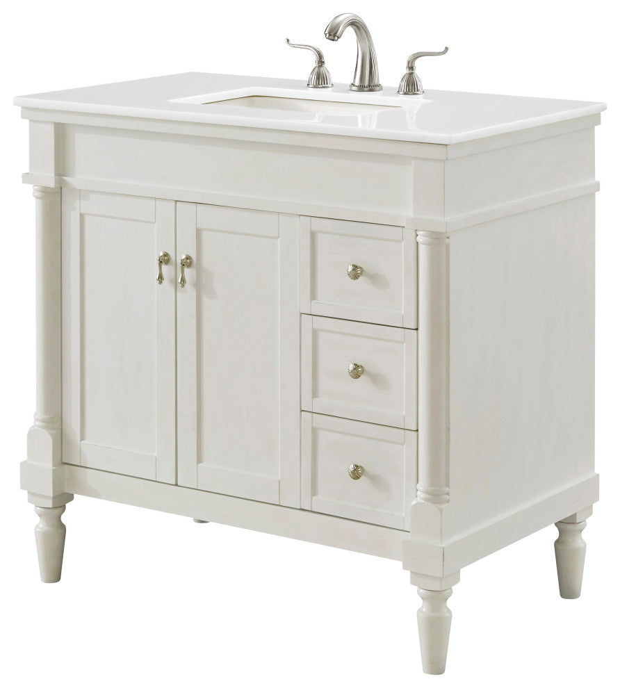 36" Single Bathroom Vanity, Antique White With Ivory White Engineered Marble