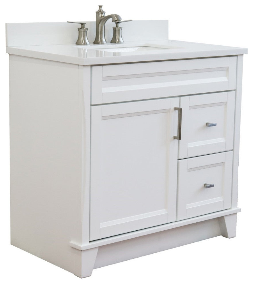 37" Single Sink Vanity, White Finish With White Engineered Stone Top