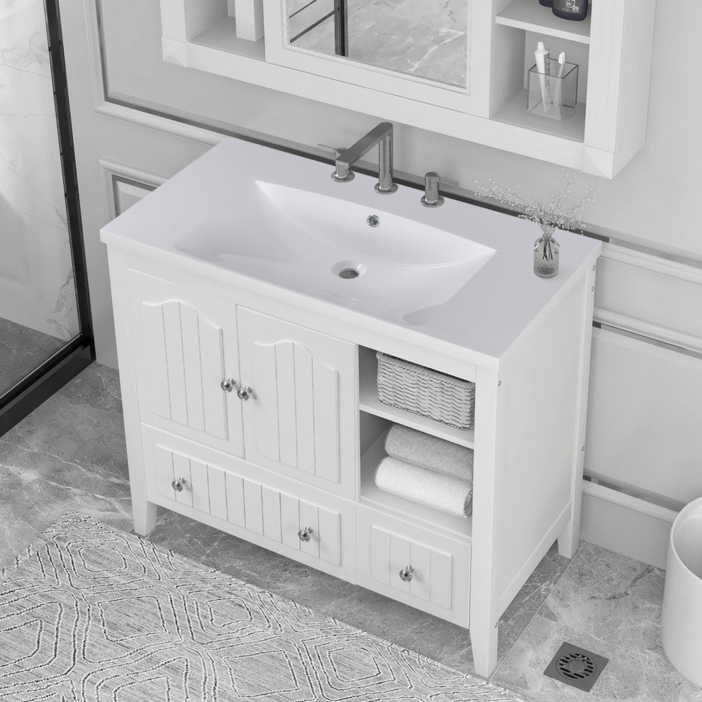 36" W x 18." D x 32" H Bath Vanity, White Ceramic Top, White