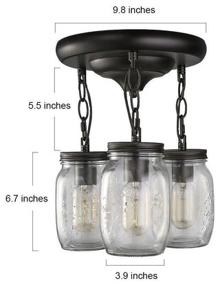 3-Light Glass Mason Jar Hanging Ceiling Pendant Fixture