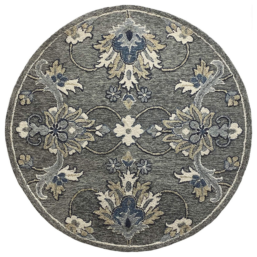 7" Round Gray Intricate Jacobean Area Rug