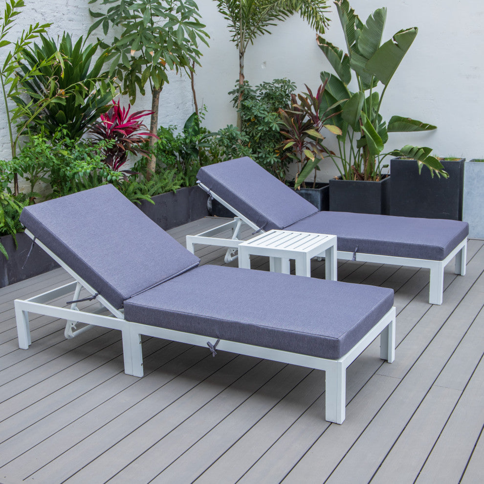 LeisureMod Chelsea Chaise Lounge Chair With Side Table, Blue