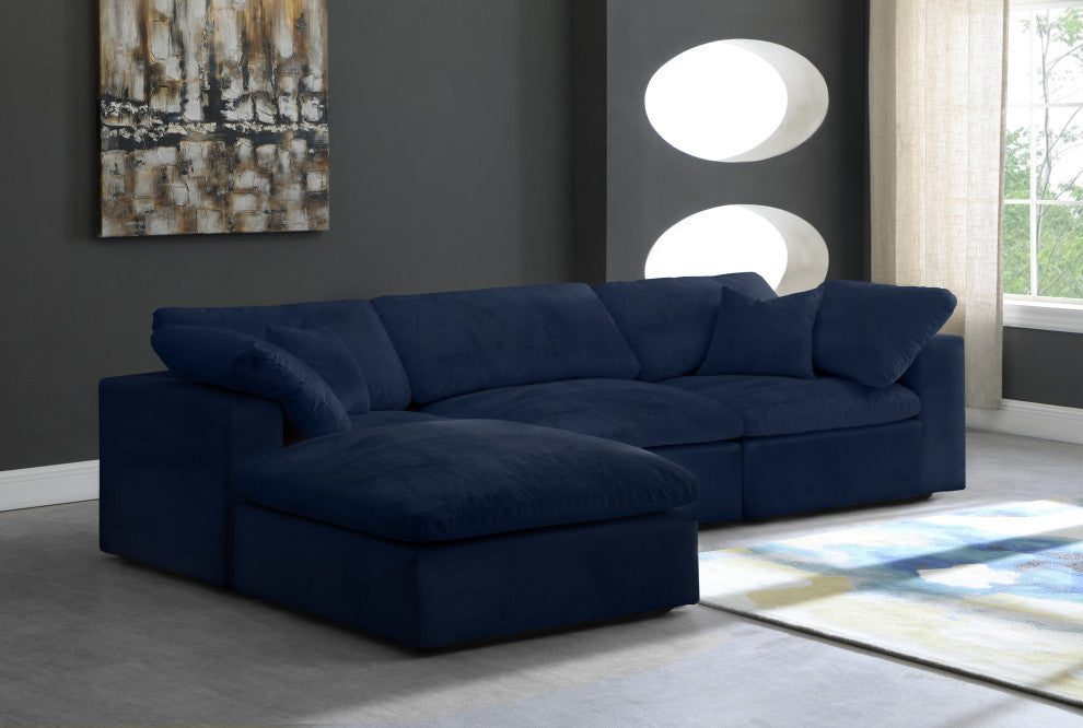 Cozy Velvet Upholstered Comfort L-Shaped Modular Sectional, Navy, 4-Piece: 1 Armless Chair, 2 Corner Chair, 1 Ottoman