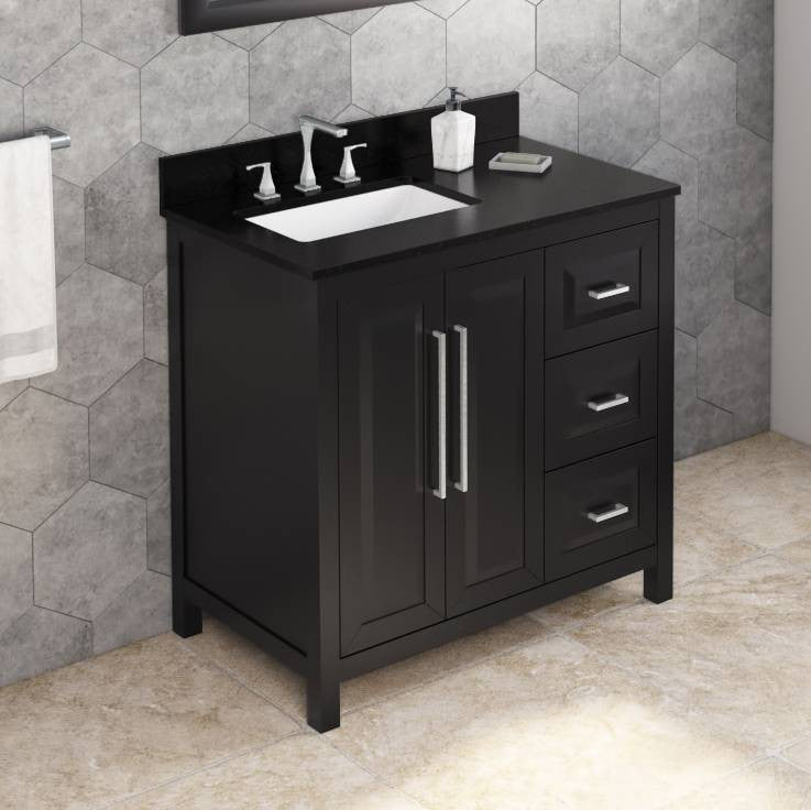 Cade Transitional 36" Black Left Offset Sink Vanity, Black Granite Vanity Top