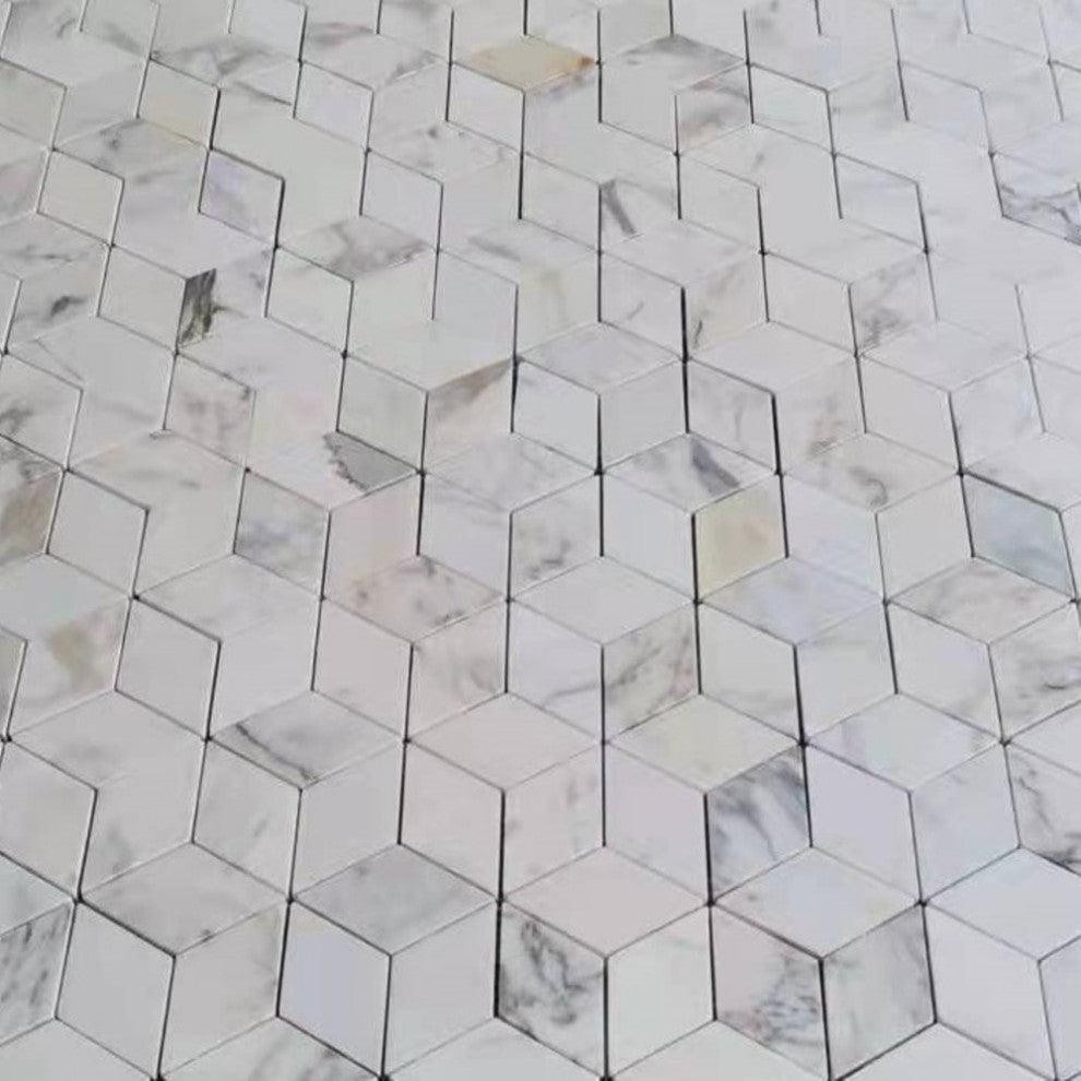 Calacatta Gold Marble Illusion 3D Cube Rhombus Diamond Hex Tile Honed, 1 sheet