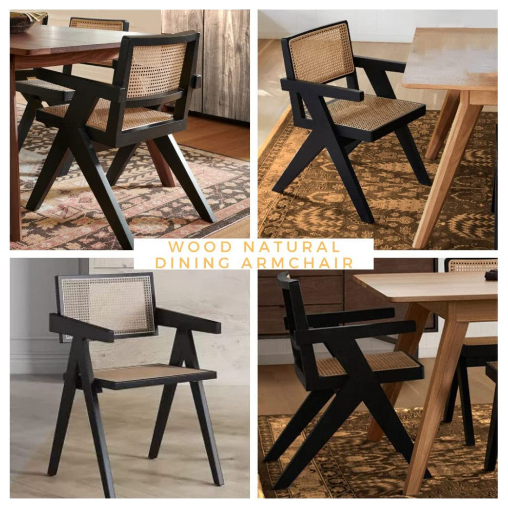 First of a Kind Rattan Cane Dining Chair Wooden Frame Accent, Black
