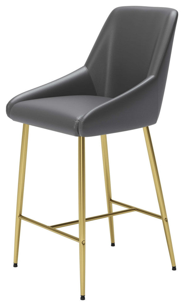 Counter Stool Chair, Faux Vinyl Leather, Steel, Gray, Gold, Cafe Bistro