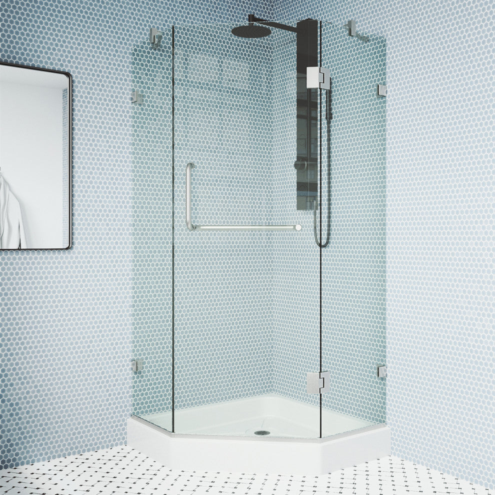 VIGO Piedmont Frameless Hinged Neo-Angle Shower Enclosure, Brushed Nickel, 40" D X 40" W, High Base