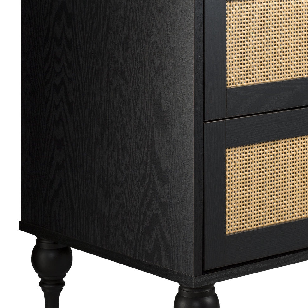 Transitional Coastal Nightstand, 2 Ample Drawers With Rattan Front, Black Finish