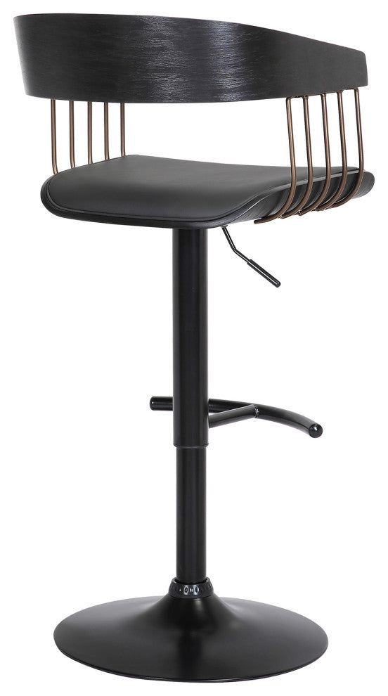 Larisa Adjustable Black Wood Bar Stool Black Faux Leather Bronze and Black Metal